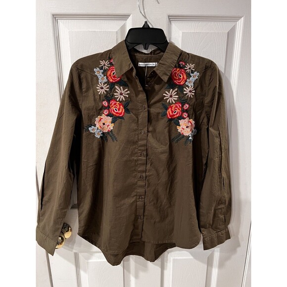 Serene Bohemian Shirt Womens Sz L Button Down Embroidered Floral Boho western - Picture 8 of 8